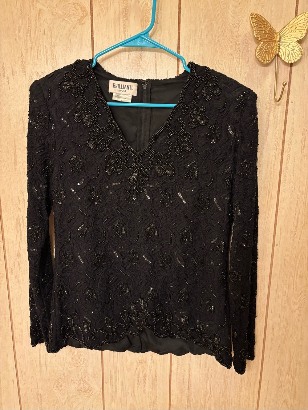 vintage Brilliante by J.A. blouse features intricate black lace,beadwork,sequins